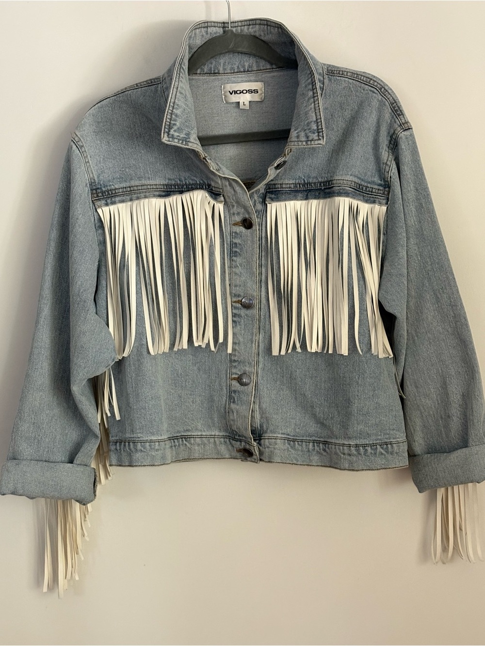 Vigoss Light Wash Denim Jacket with White Fringe